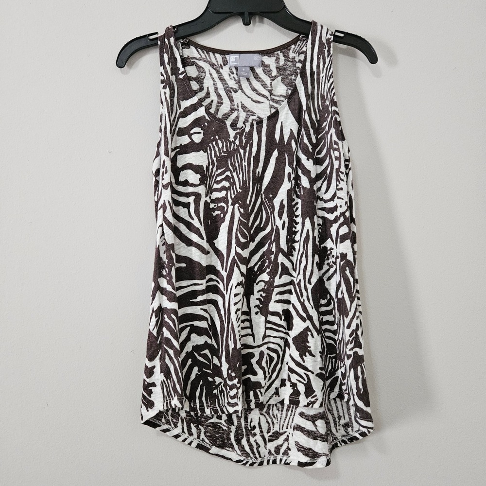 JCP Women Zebra Print 100% Linen Tank Top Brown White Sleeveless Scoop Neck‎ S